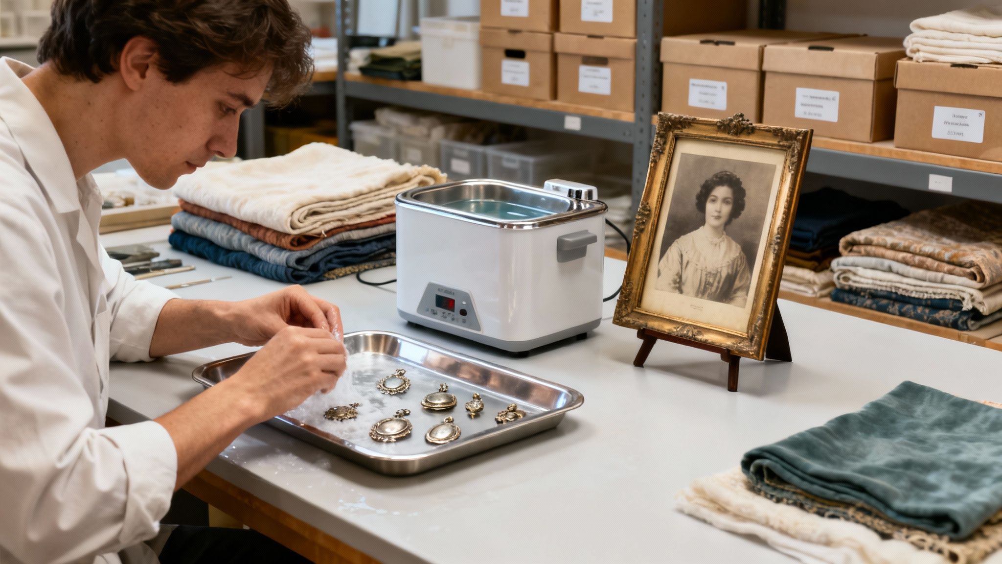A conservator in a white lab coat meticulously cleaning vintage metal artifacts on a workbench.