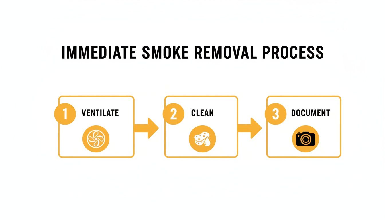 An infographic illustrating the immediate smoke removal process in three steps: ventilate, clean, and document.