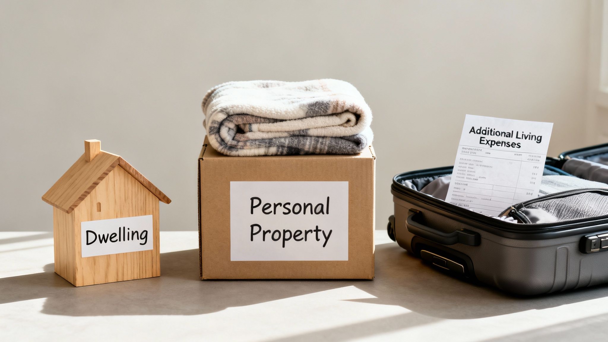 A wooden house, a box of personal property, and a suitcase with living expenses documents, representing insurance concepts.