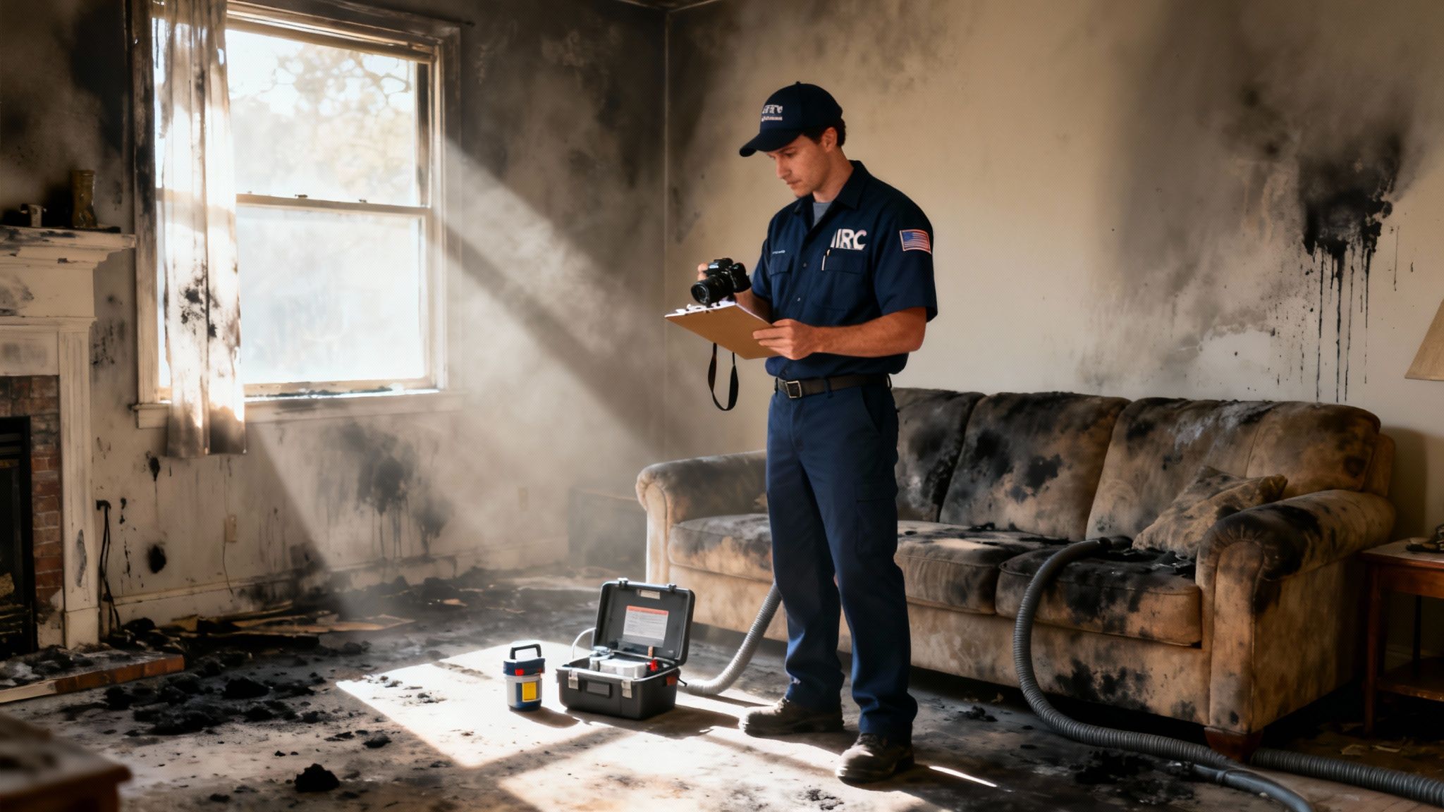 A fire investigator examines a severely burned room with charred furniture and black walls, holding a camera and clipboard.