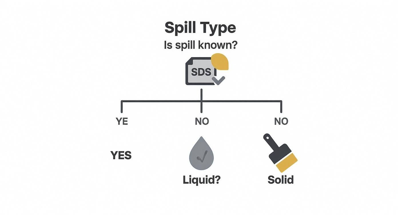 An infographic decision tree showing the first step in hazardous spill response is identifying the substance.