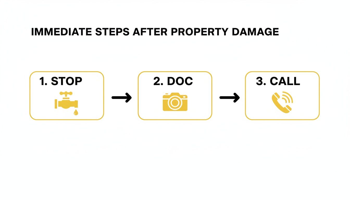 Infographic showing three immediate steps after property damage: stop the source, document the damage, and call for assistance.