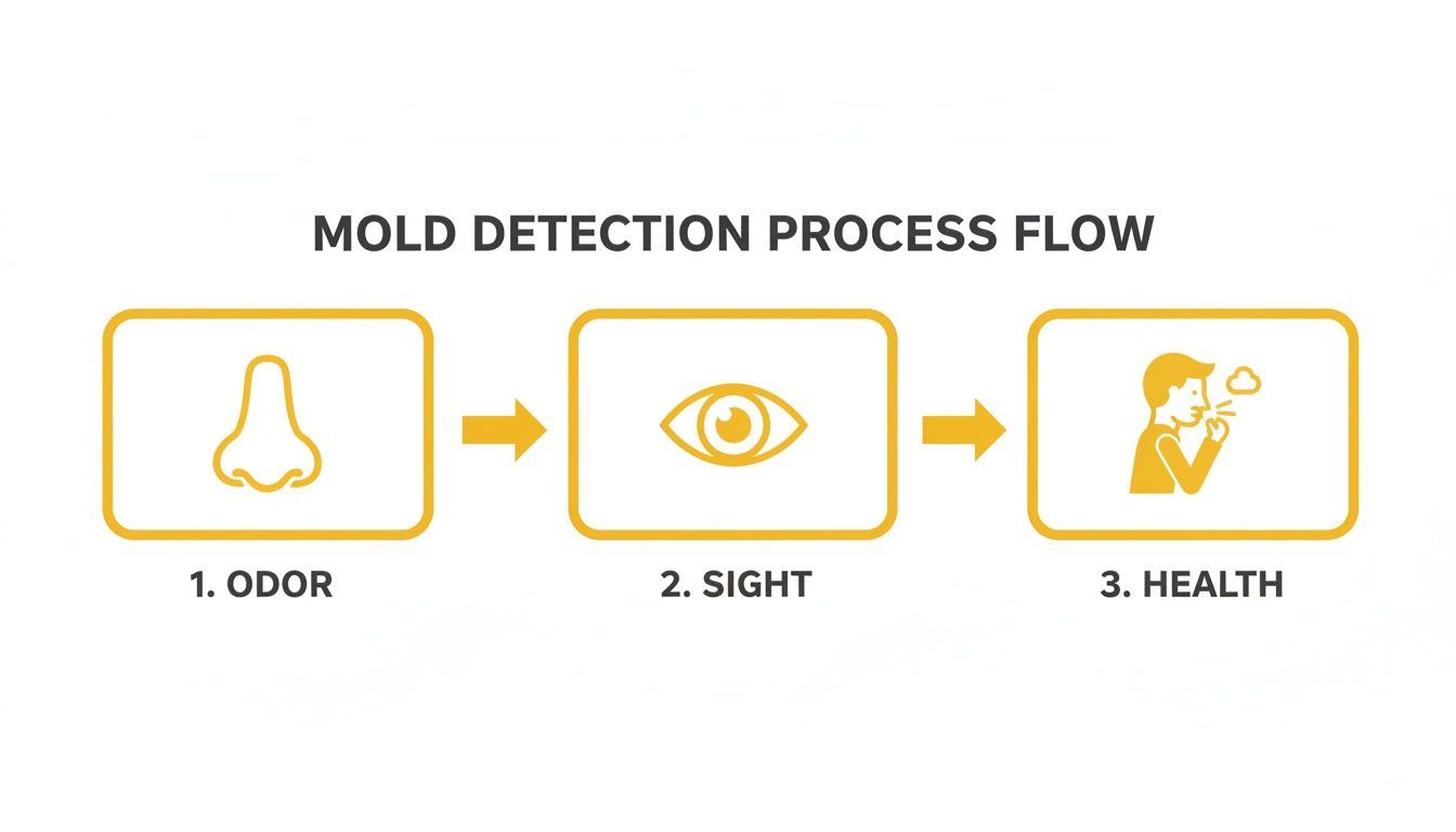 A flowchart illustrating mold detection through odor, visual inspection, and health symptoms.