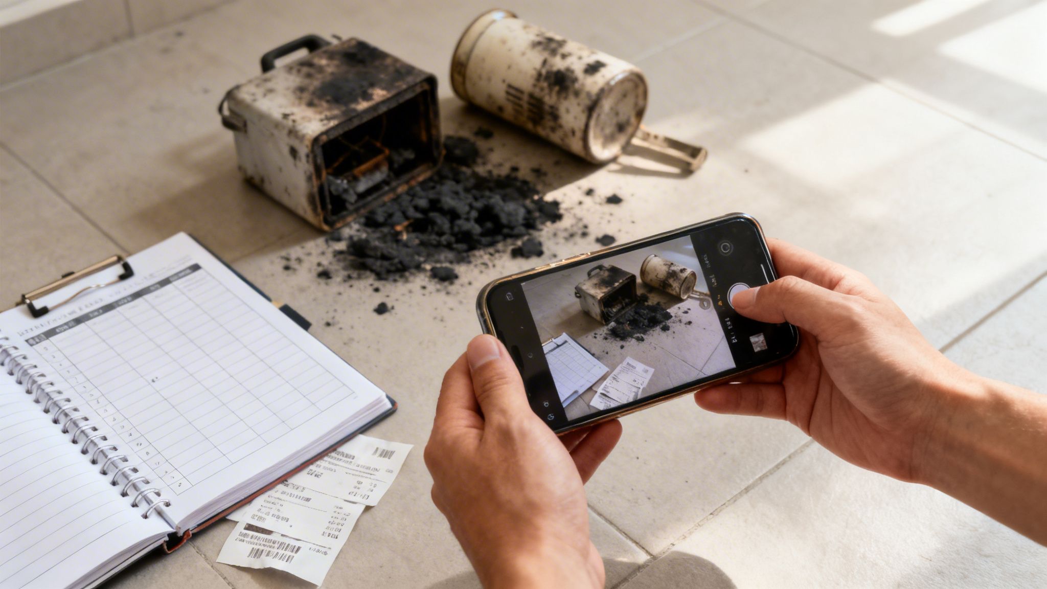 A person photographs burnt objects and scattered ash for fire damage documentation.
