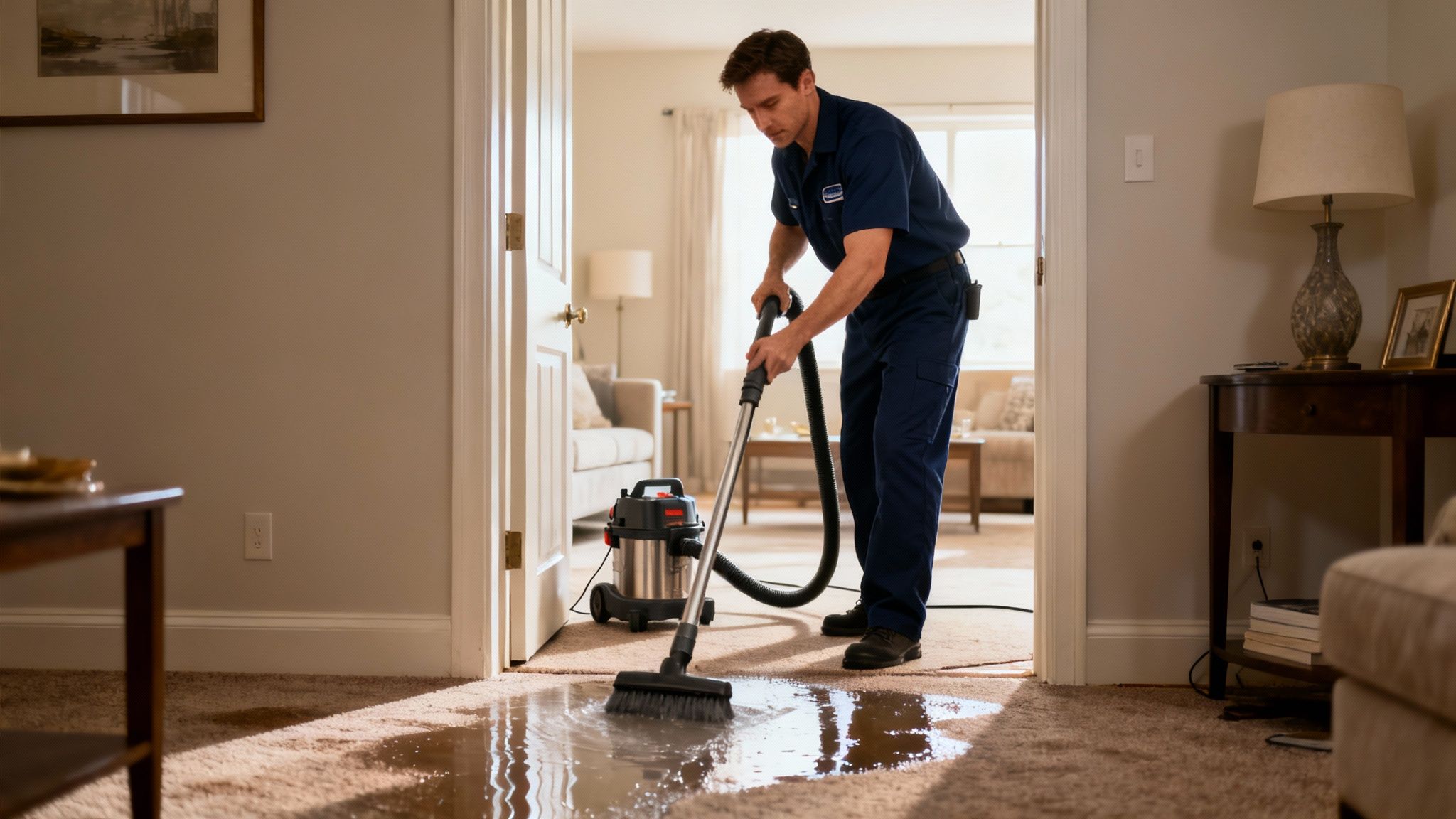 Professional using water extraction equipment in a flooded living room.