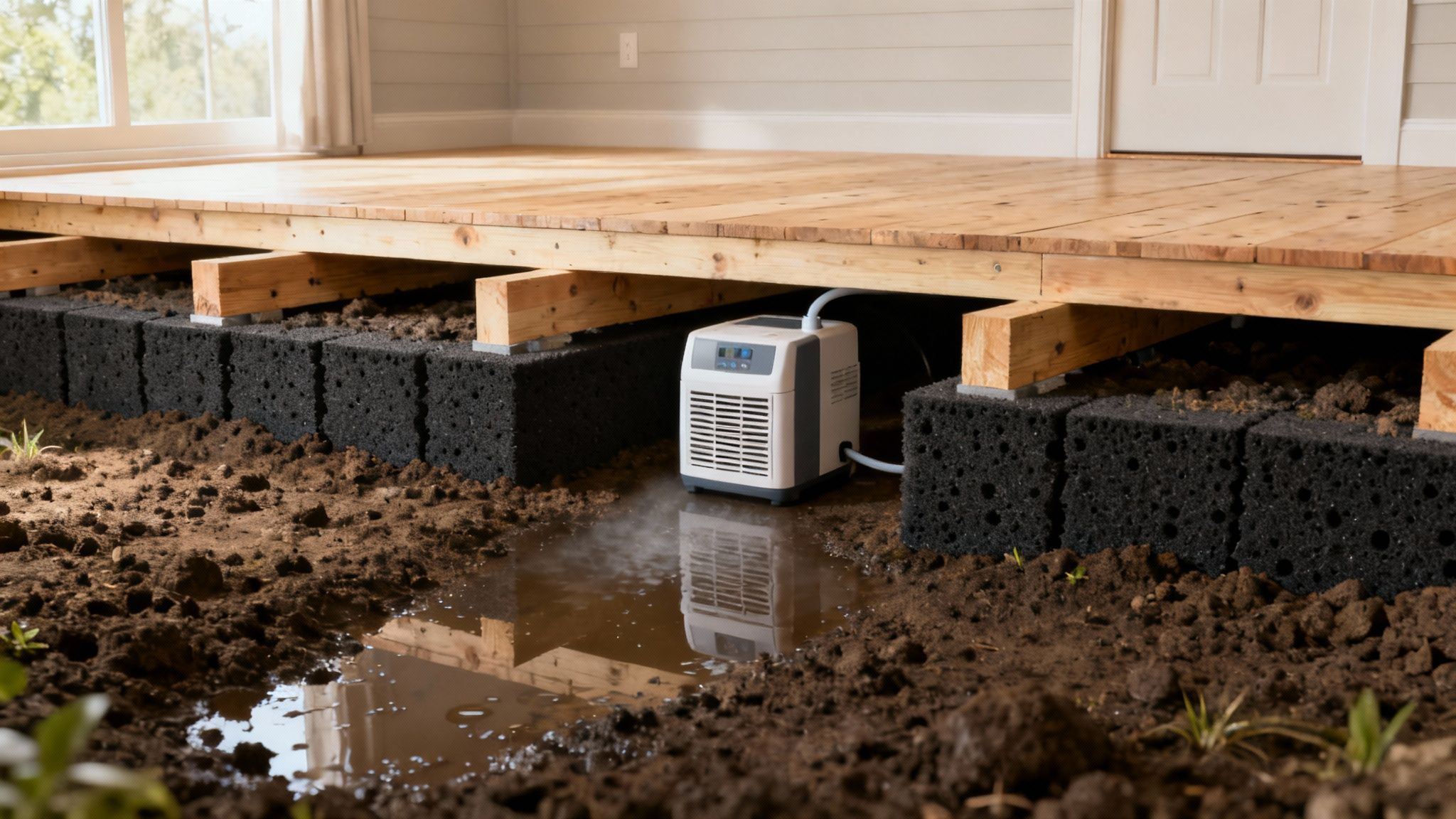 A healthy, encapsulated crawl space with a dehumidifier installed.