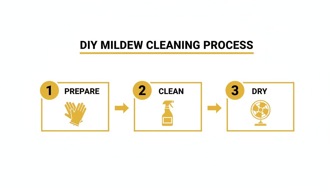 A three-step DIY mildew cleaning process showing prepare, clean, and dry with icons.