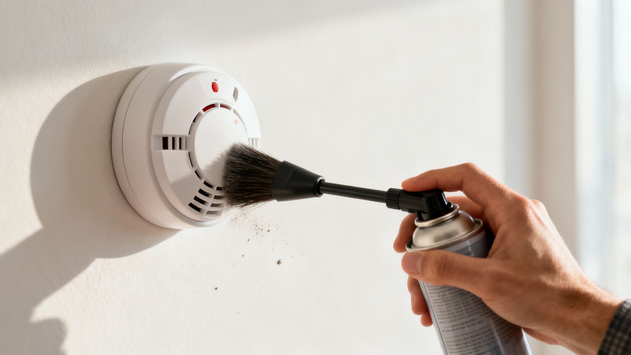 A person carefully inspecting a smoke detector on a ceiling.