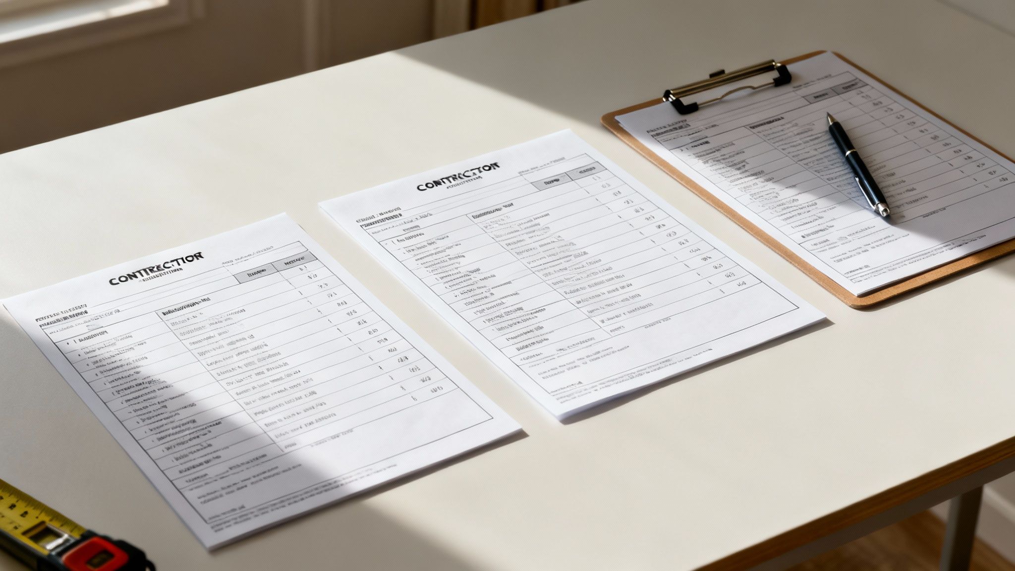 Desk with multiple construction documents, a clipboard, and a pen, with a measuring tape.