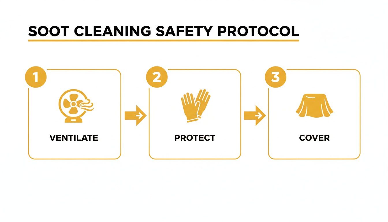 Soot cleaning safety protocol with three steps: ventilate, protect, and cover.