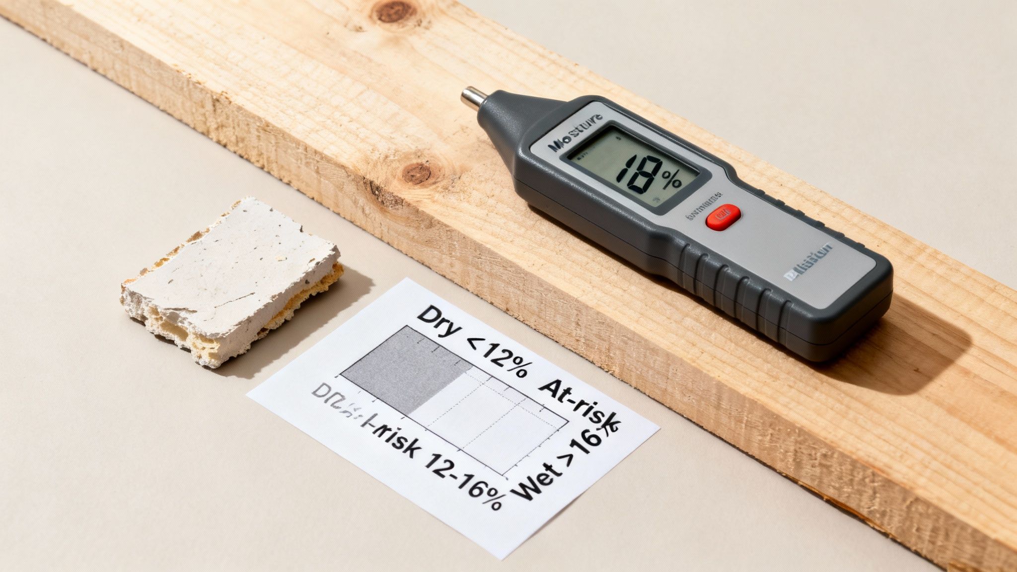 A moisture meter displays "18%" on a piece of wood, next to a moisture level chart and broken plaster.