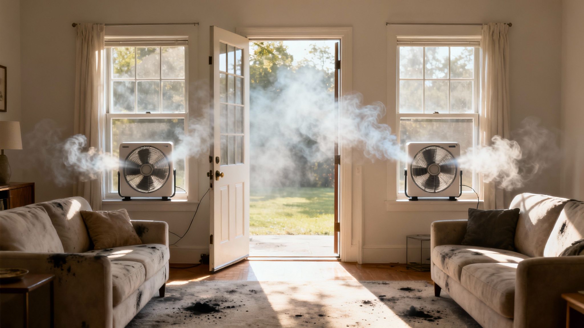 Two box fans in windows and an open door ventilating thick smoke from a home.