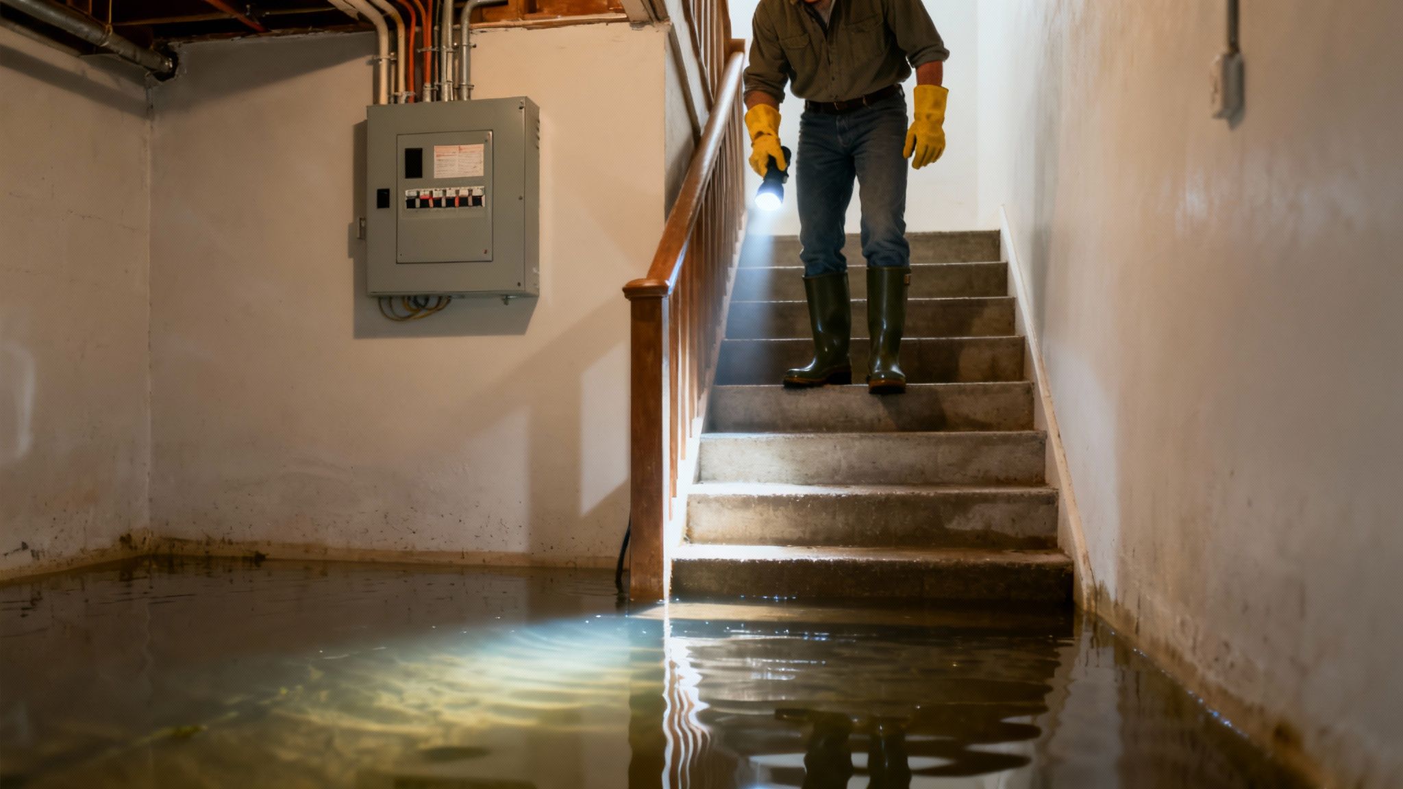 Person in rubber boots and gloves with a flashlight descends stairs into a flooded basement with an electrical panel.