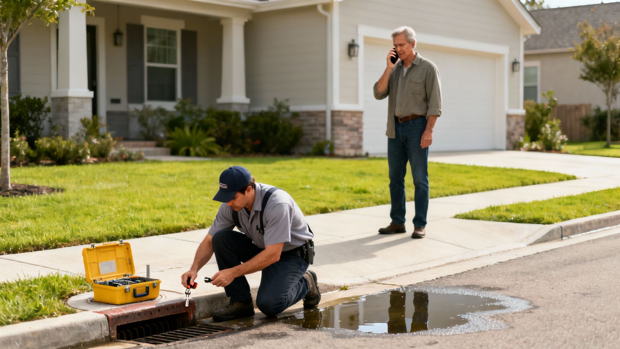 A service technician in uniform inspects a storm drain with tools, while a man talks on his phone nearby.