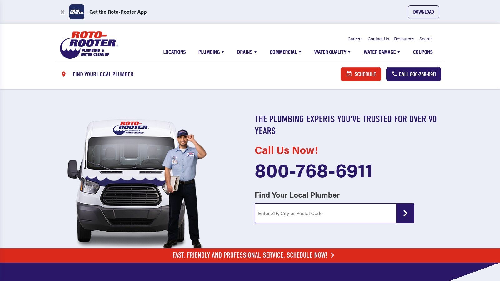 Roto-Rooter website showing their plumbing and water cleanup services.