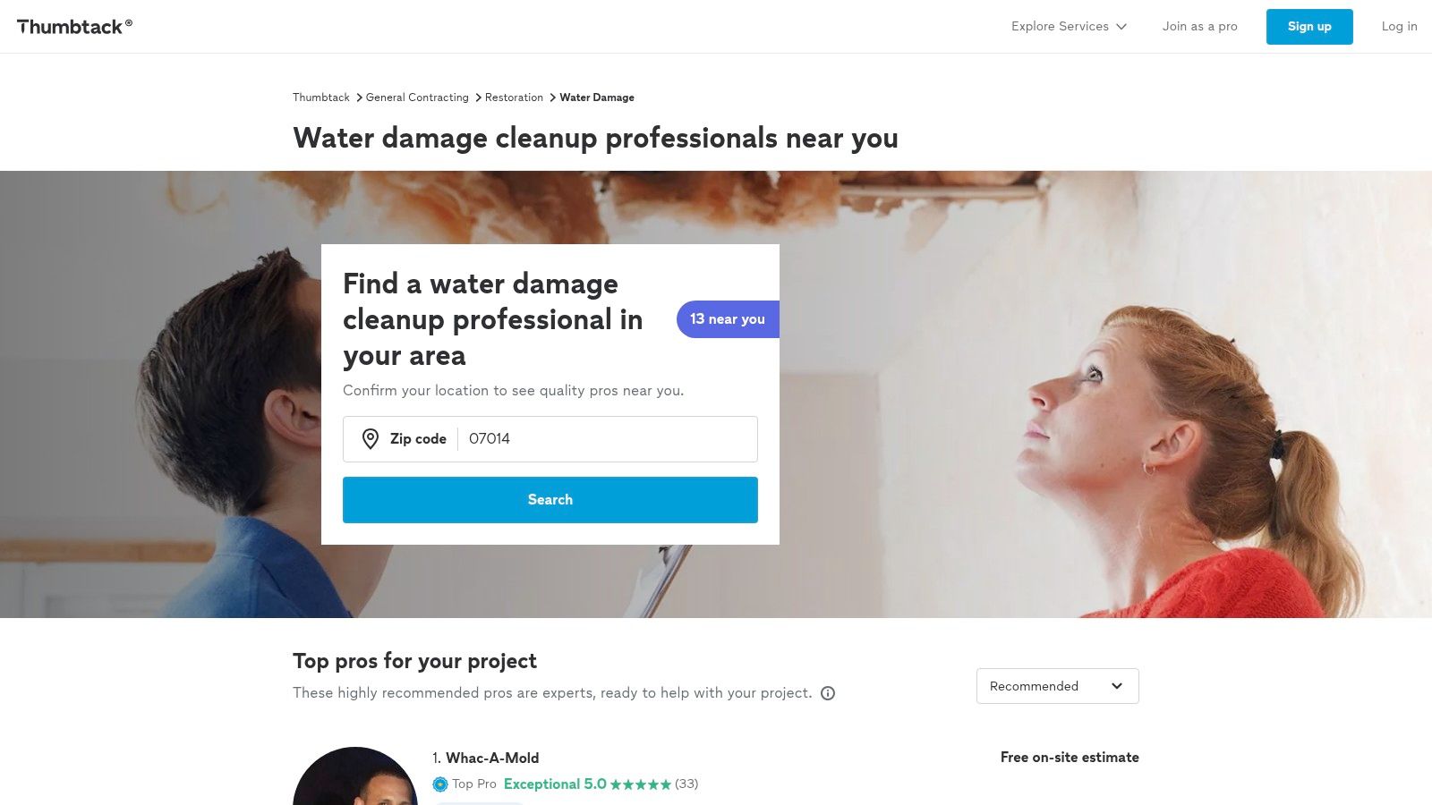 Thumbtack website homepage showing how to find local professionals.