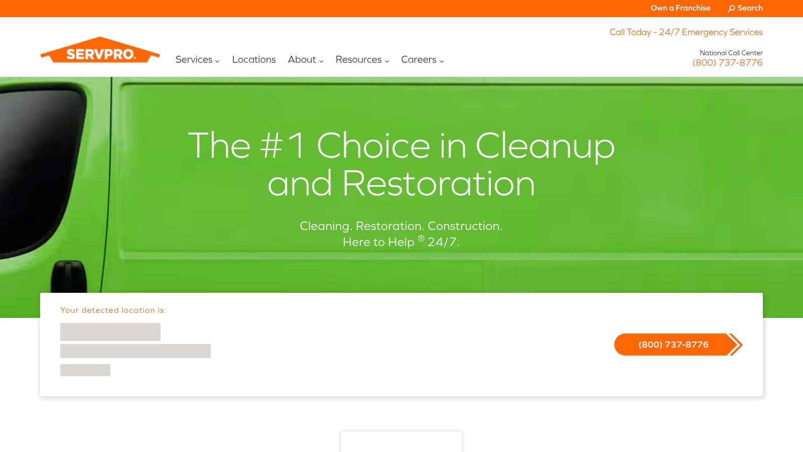 SERVPRO website homepage showing their 24/7 emergency services.