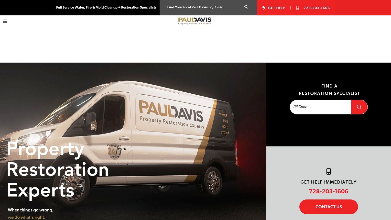Paul Davis website homepage highlighting emergency services.
