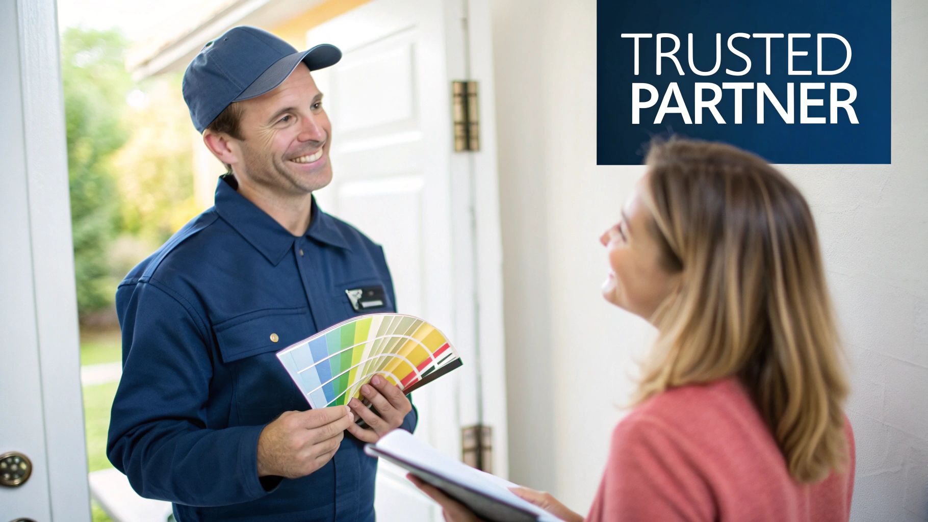 Top Choice For Home Painters In Newmarket Home Painters Newmarket. A Smiling Male Painter Shows A Color Palette To A Happy Female Client At Her Home.