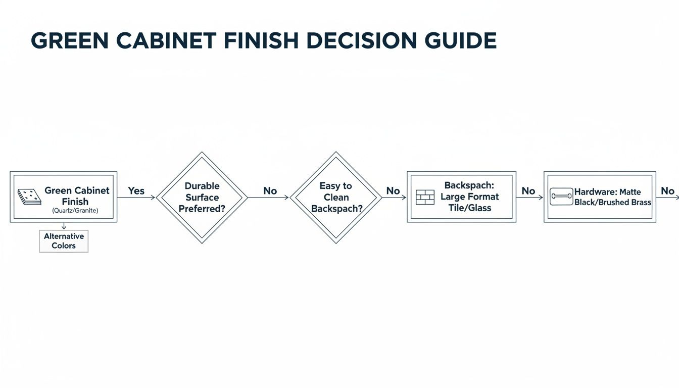 A Toronto Homeowner'S Guide To Green Kitchen Cabinets A Flowchart Decision Guide For Green Cabinet Finishes, Including Options For Durable Surfaces, Backsplashes, And Hardware.
