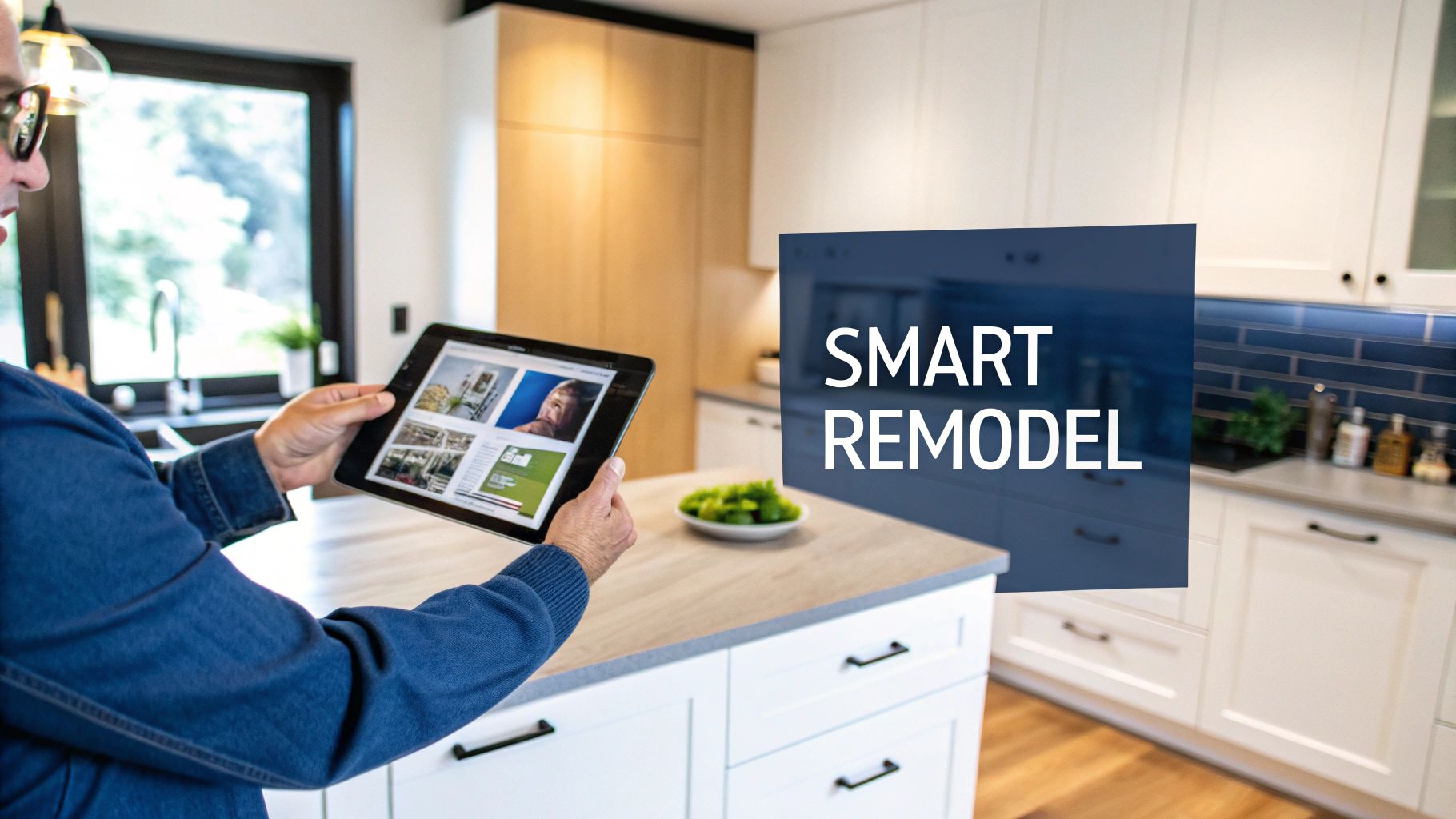 A Homeowner'S Guide To Kitchen Cabinet Painting In Toronto A Person Holds A Tablet Displaying Design Ideas In A Modern Kitchen, With A 'Smart Remodel' Overlay.