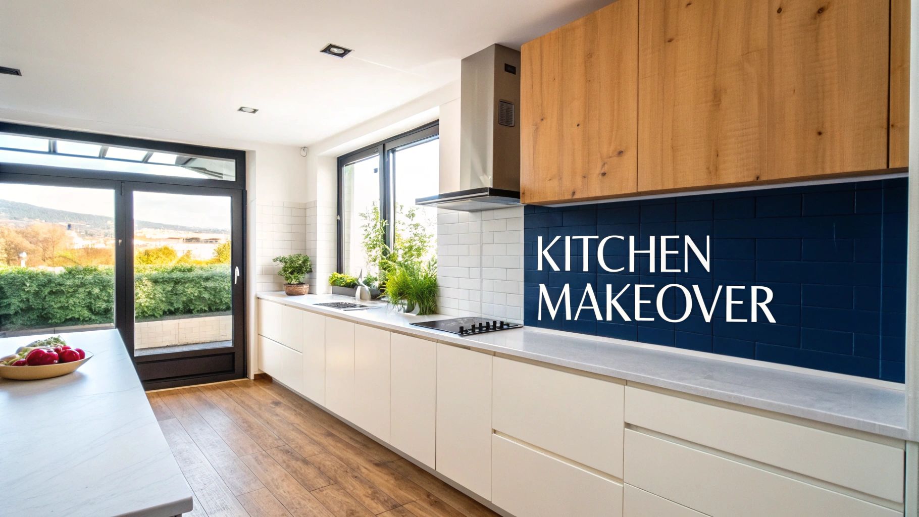 Kitchen Cabinet Painting Near Me: A Toronto Homeowner'S Guide A Bright, Modern Kitchen Featuring White And Wood Cabinets, A Blue Tiled Backsplash, And A Garden View.