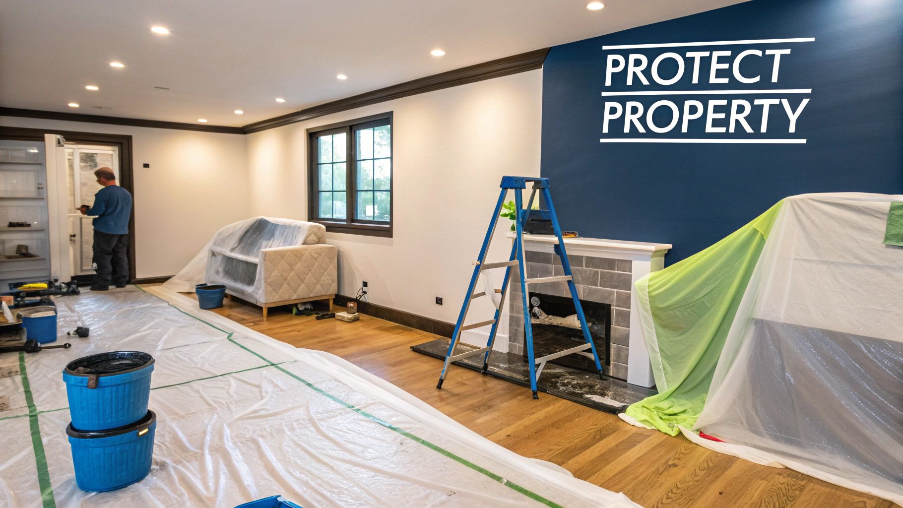 7 Common Condo Painting Mistakes Toronto Homeowners Must Avoid Interior Room Undergoing Painting, With Furniture Protected By Plastic Sheets, A Painter, And A Ladder.