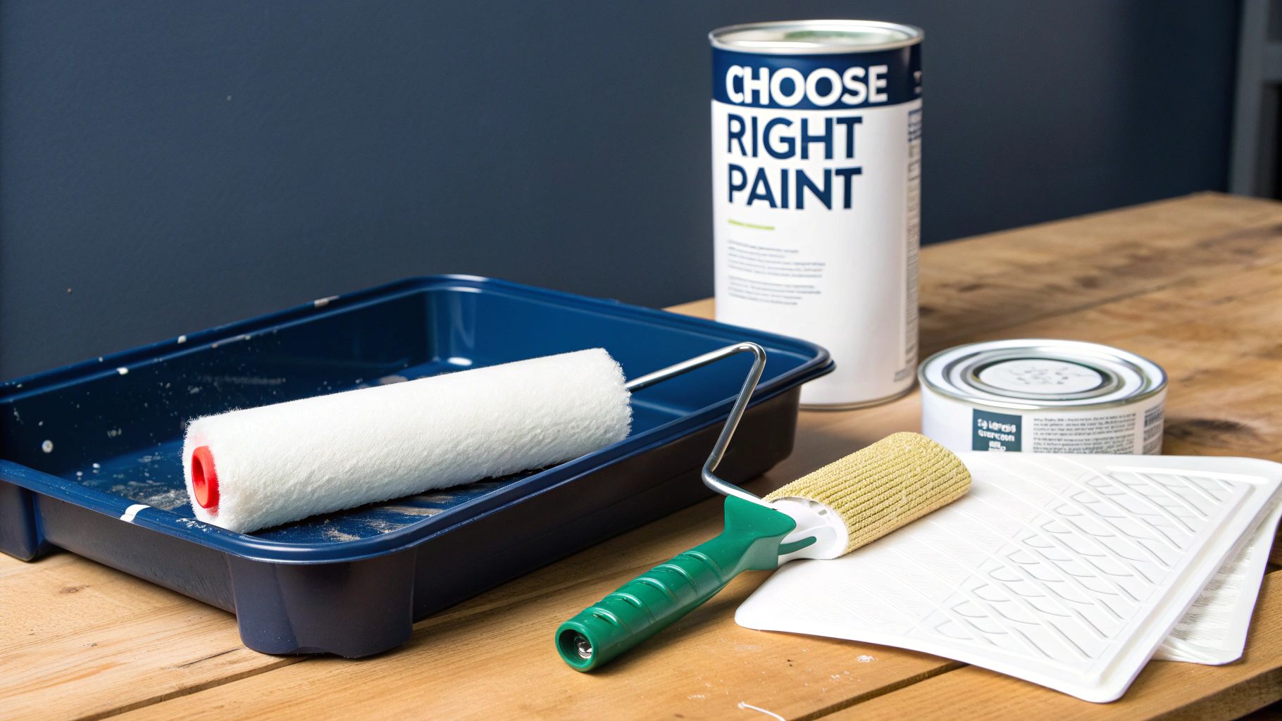 How To Paint A Popcorn Ceiling: A Complete Guide For Toronto Homes A Collection Of Painting Tools Including Paint Rollers, A Paint Tray, And Paint Cans On A Wooden Surface.