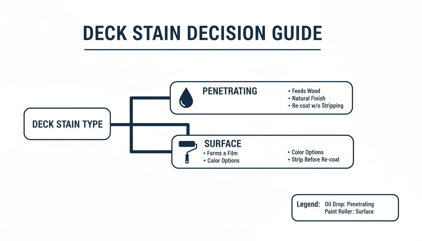 A Toronto Homeowner'S Guide To Oil Based Stain For Decks A Decision Guide Infographic Showing Two Types Of Deck Stain: Penetrating And Surface, With Their Features And A Legend.