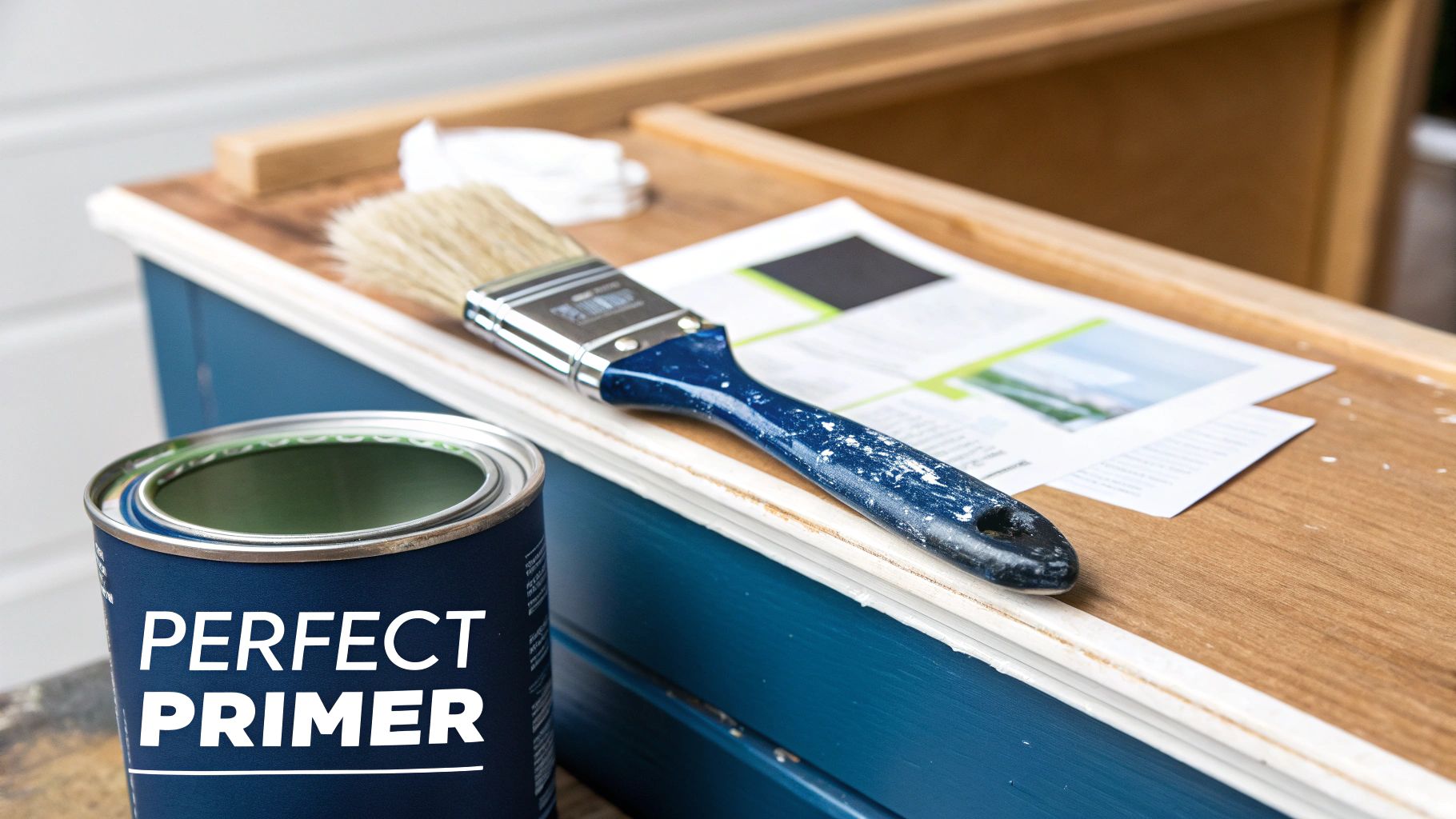 Best Paint For Cabinet Painting: Your Guide To A Flawless Kitchen Finish A Can Of Perfect Primer Paint, A Paintbrush, And Papers On A Wooden Cabinet Being Prepped For Painting.
