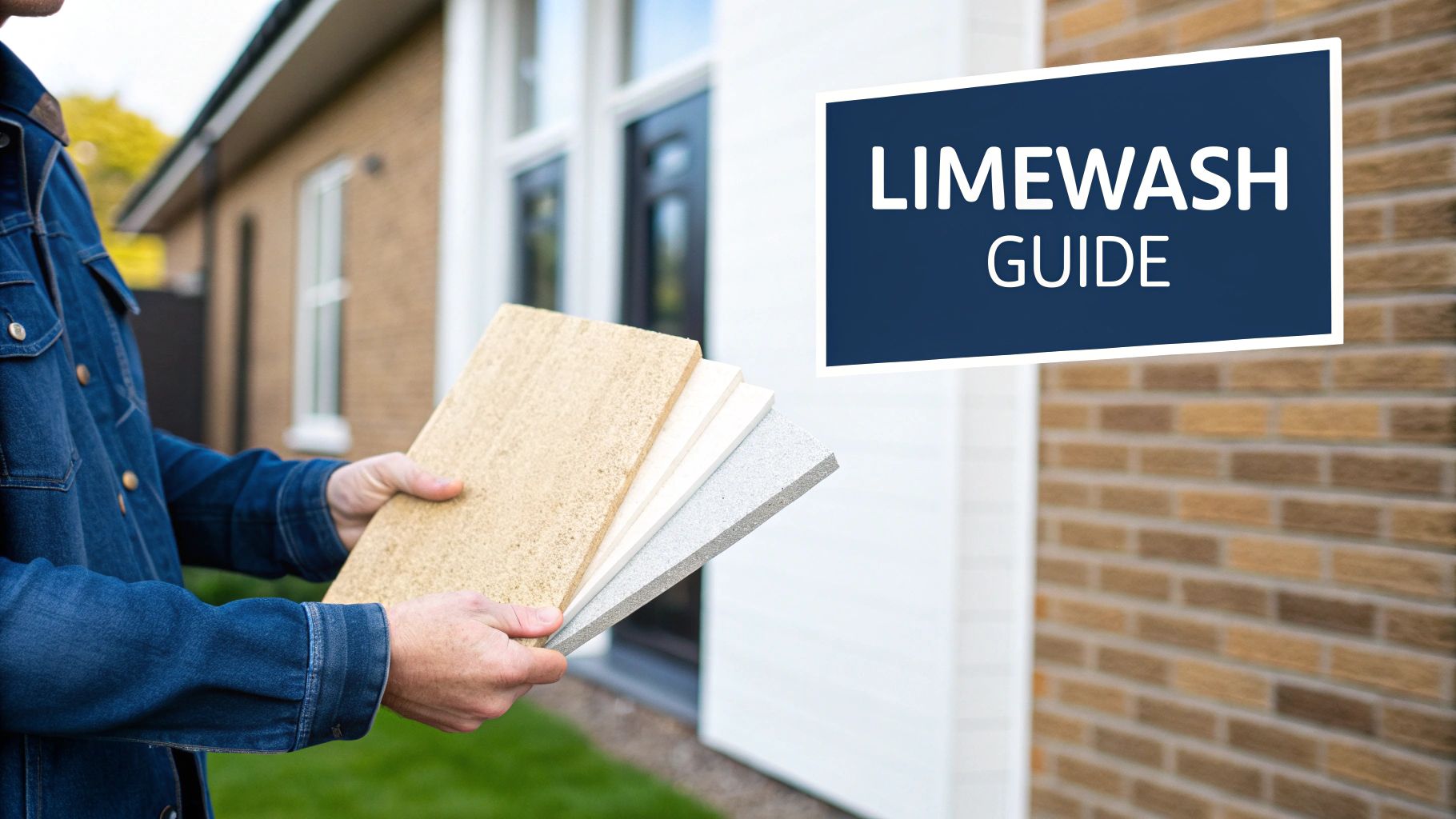 Limewash In Toronto: A Homeowner’s Guide To This Timeless Finish Person Holding Various Building Material Samples In Front Of A House With A 'Limewash Guide' Sign.