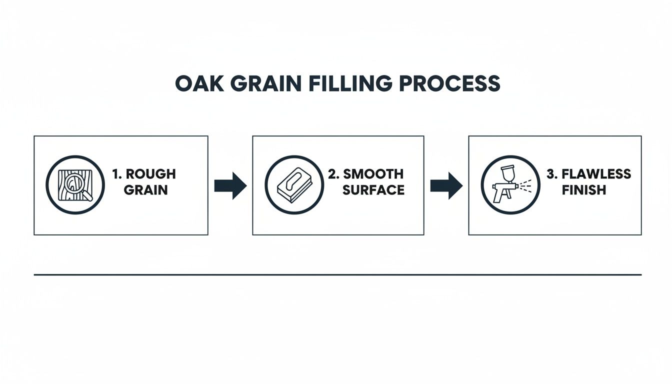 Painting Oak Cabinets In Toronto All You Need To Know For 2026 Infographic Showing The Three-Step Oak Grain Filling Process, From Rough Wood Grain To A Flawless Finish.