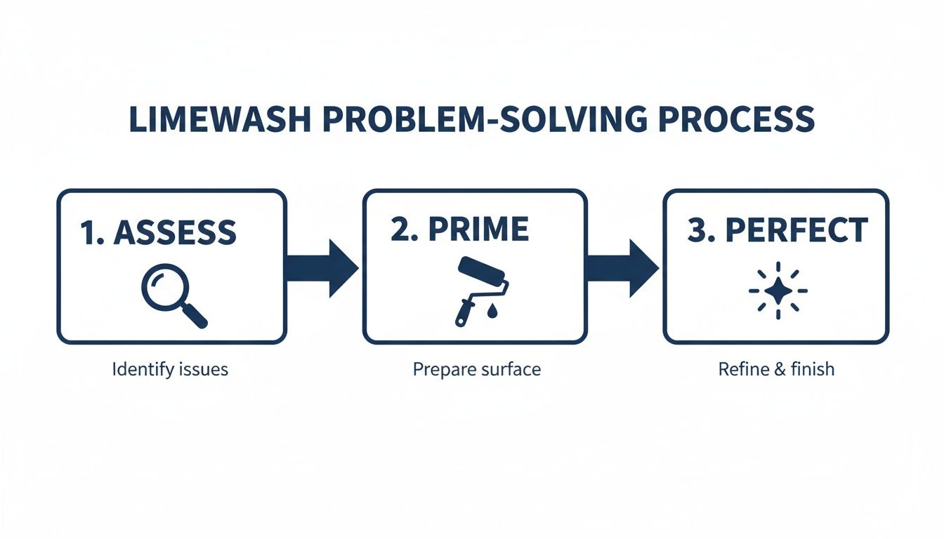Finding A Limewash Painter Near Me In Toronto: A Guide By Mike A Diagram Illustrating The Limewash Problem-Solving Process With Three Steps: Assess, Prime, And Perfect.