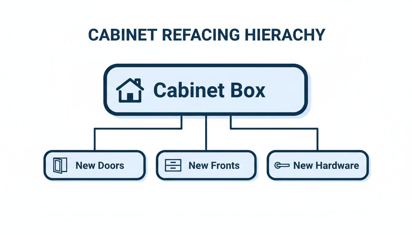 Kitchen Cabinet Refacing Cost In Toronto: Your 2024 Guide A Hierarchy Diagram Illustrating Cabinet Refacing Components: Cabinet Box, New Doors, New Fronts, And New Hardware.