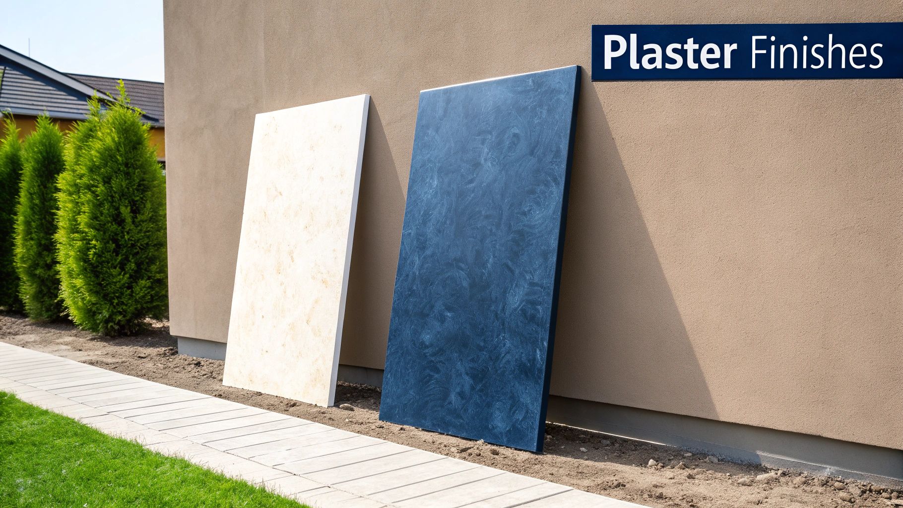 A Toronto Homeowner'S Guide To A Stunning Venetian Plaster Wall Two Sample Boards, One Light And One Dark Blue, With Decorative Plaster Finishes Leaning Against An Outdoor Wall.