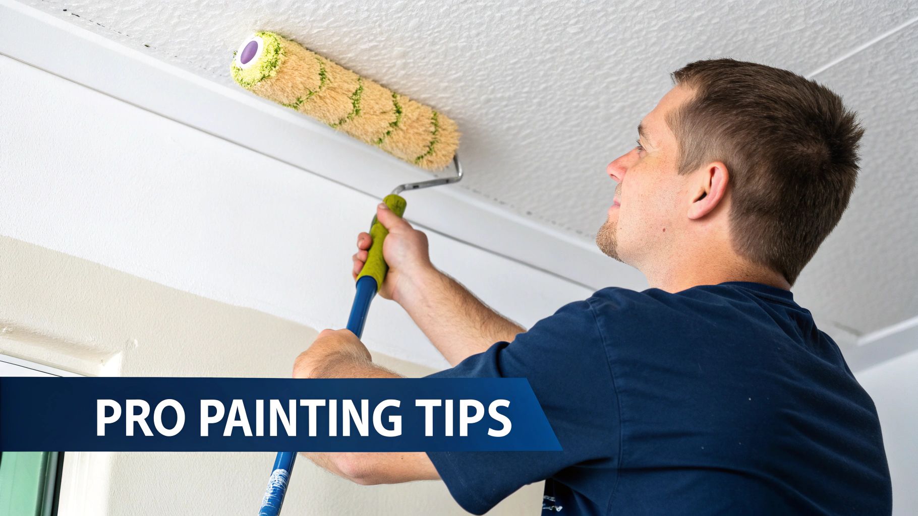 How To Paint A Popcorn Ceiling: A Complete Guide For Toronto Homes A Man Using A Paint Roller To Paint A Textured Popcorn Ceiling White, Highlighting Pro Painting Tips.