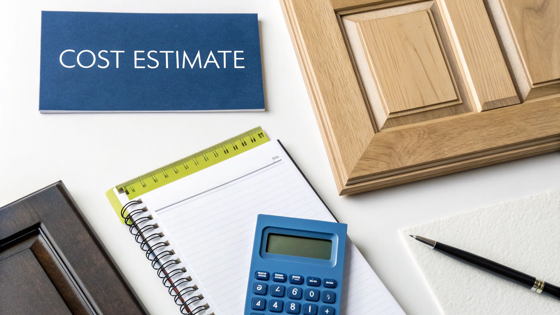Vinyl Wrap Cabinet Doors: A Guide For Toronto Homeowners Overhead View Of 'Cost Estimate' Book, Cabinet Door Samples, Calculator, Notebook, And Pen.