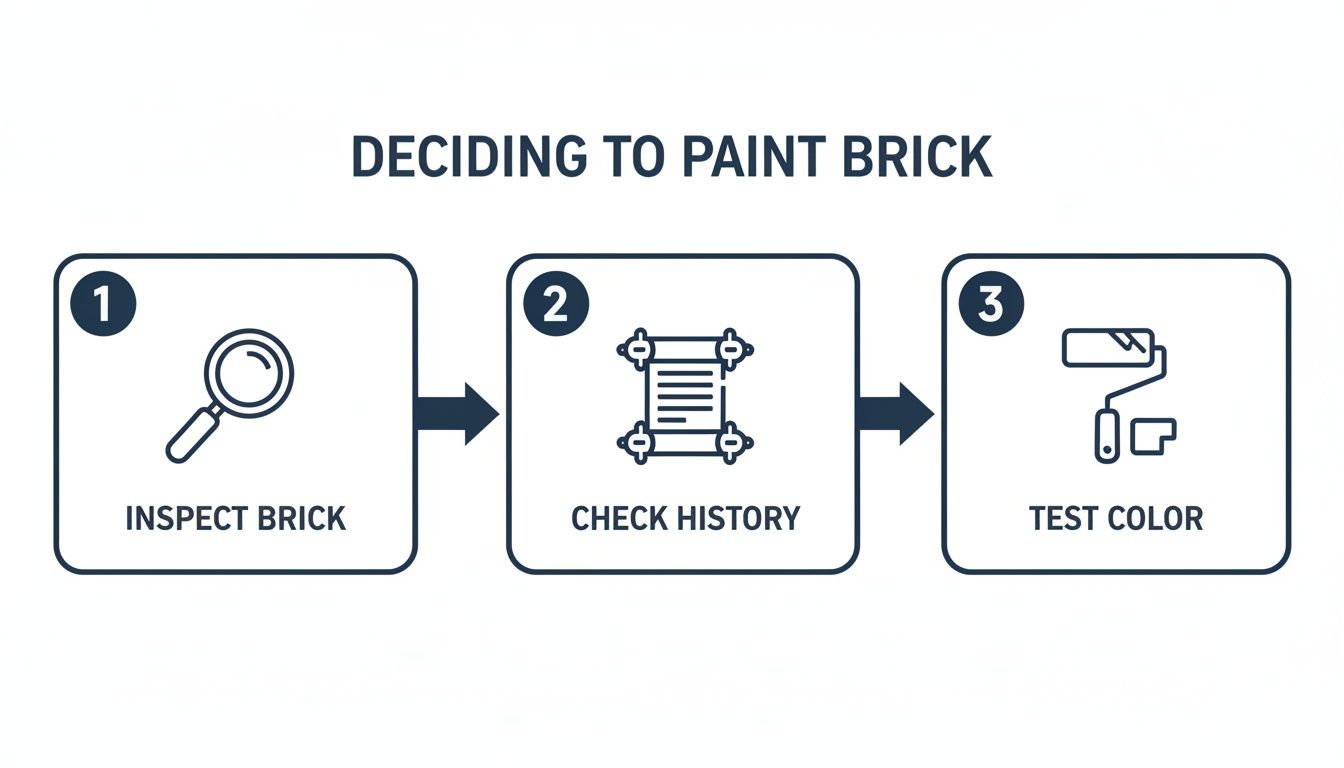 A Homeowner'S Guide To Painting Exterior Brickwork In Toronto A Three-Step Infographic Outlining The Process Of Deciding To Paint Brick, Including Inspection, History Check, And Color Testing.