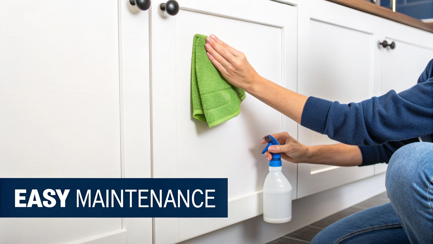 A Toronto Homeowner'S Guide To Resurfacing Kitchen Cabinets A Person Cleaning White Kitchen Cabinets With A Green Cloth And A Spray Bottle, Showcasing Easy Maintenance.