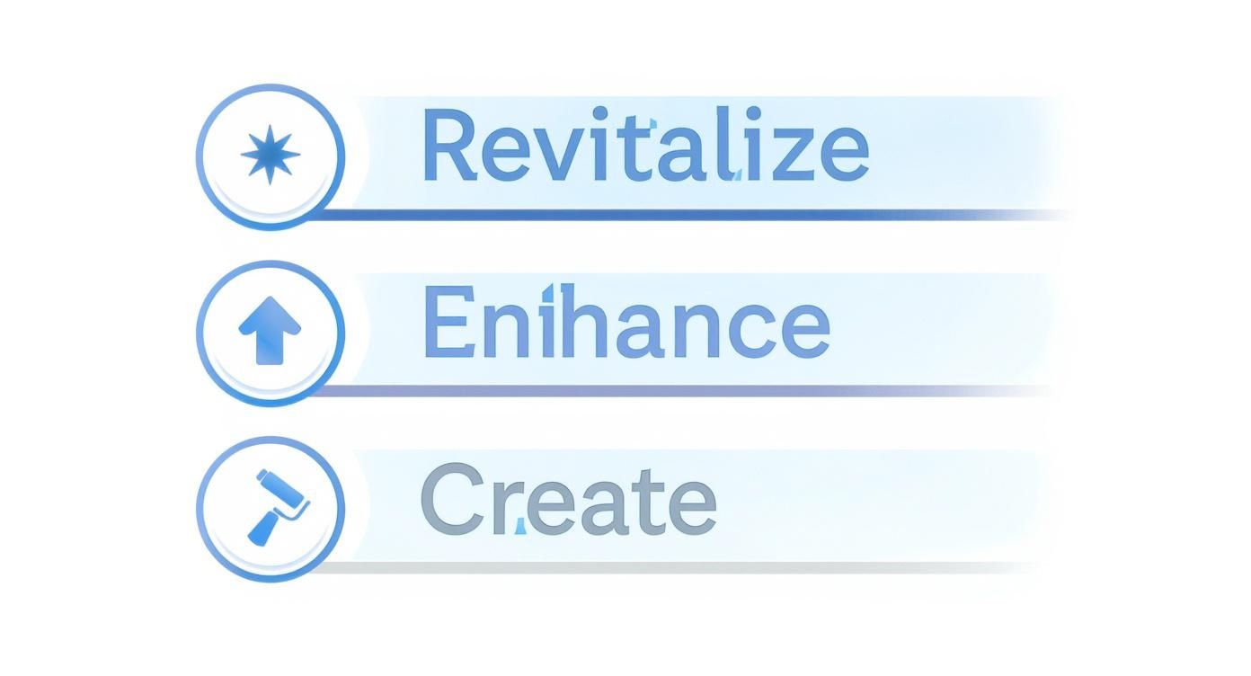 Interior House Painting Guide For Toronto Homes Interior House Painting. Three Blue-Themed Steps: Revitalize With A Star, Enhance With An Arrow, And Create With A Paint Roller Icon.