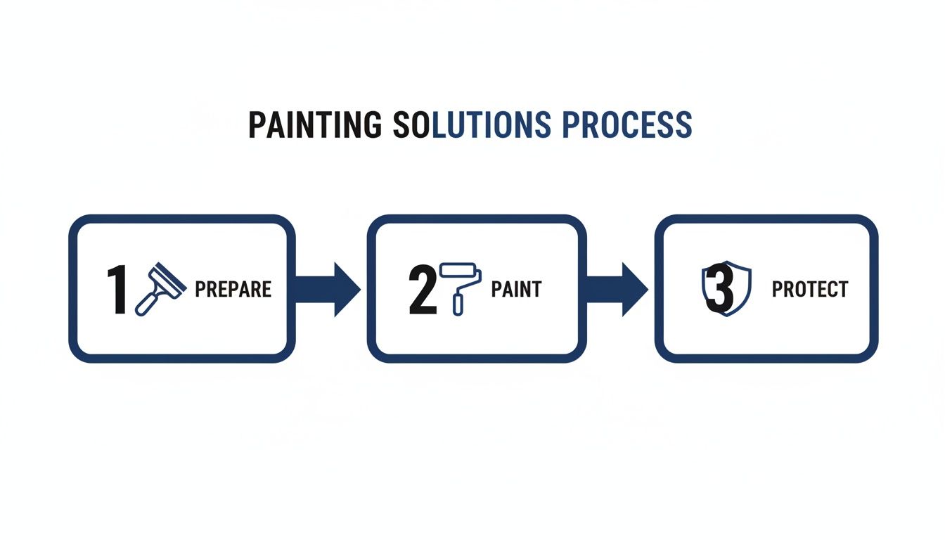 Why Royal Home Painters Is A Top Choice For Home Painters In Scarborough A Diagram Illustrating The Three-Step Painting Process: Prepare, Paint, And Protect.