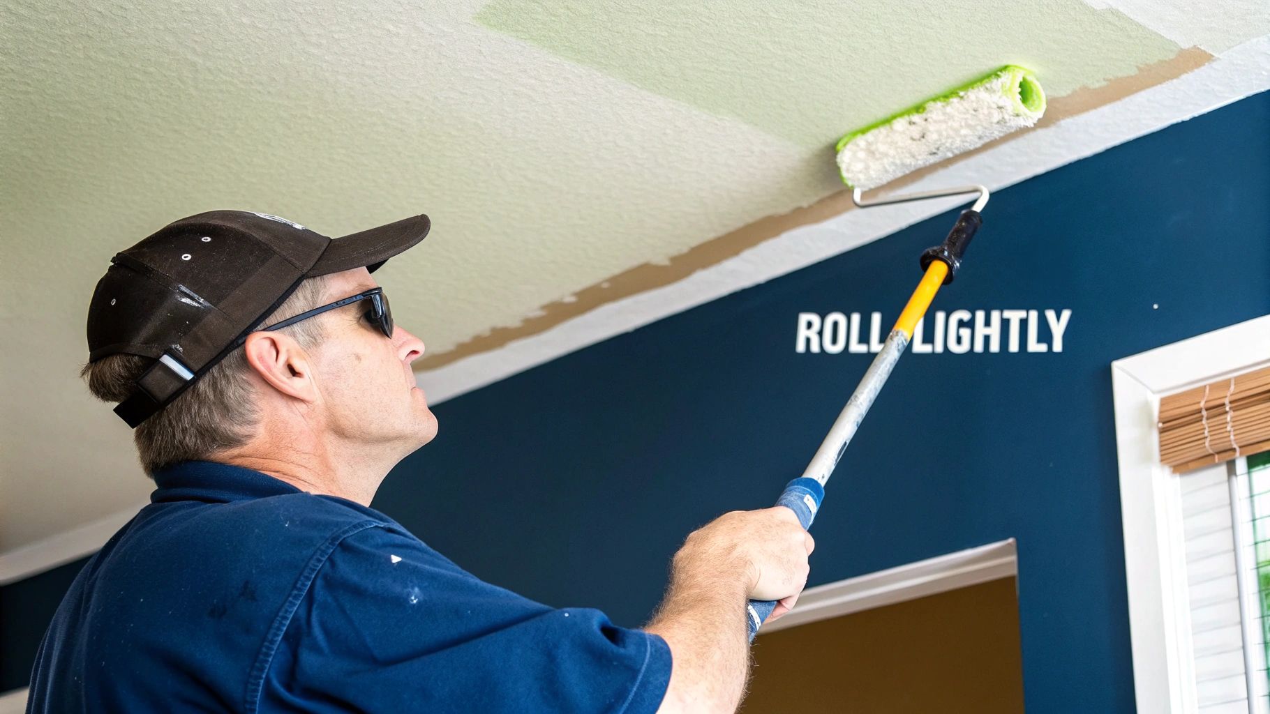 How To Paint A Popcorn Ceiling: A Toronto Homeowner'S Guide Man In A Cap And Sunglasses Painting A Popcorn Ceiling With A Paint Roller.