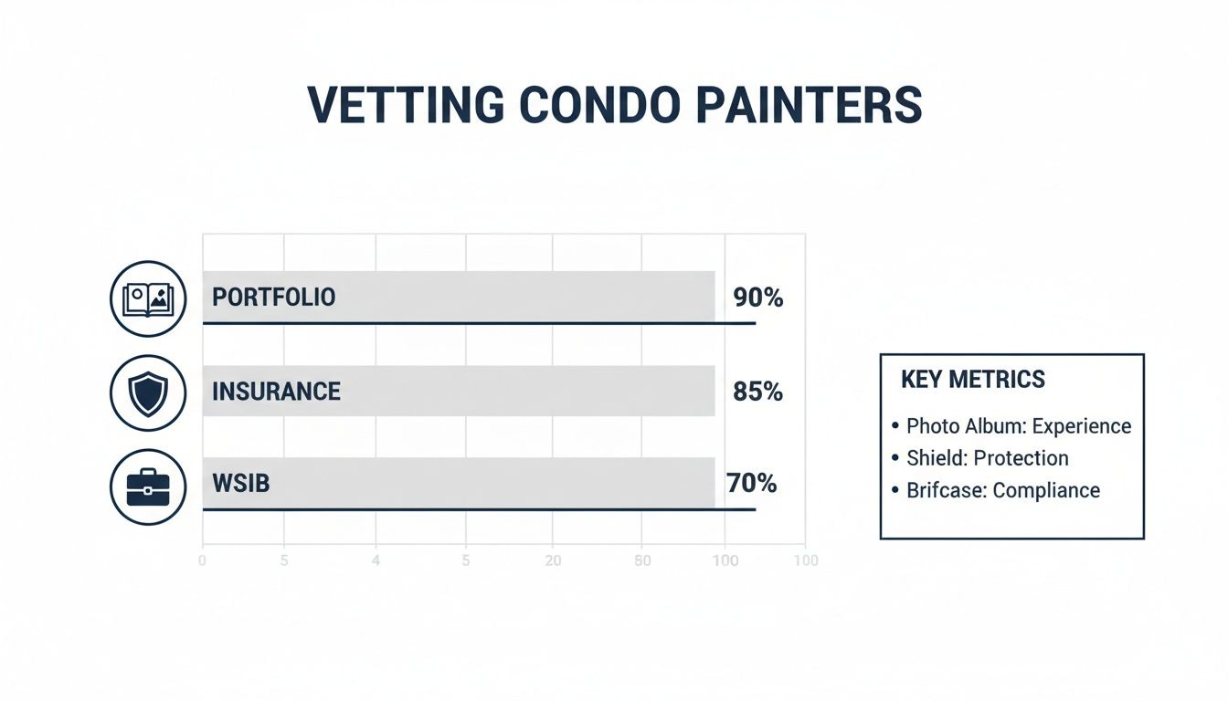 Finding Trusted Condo Painters Near Me: A Toronto Homeowner'S Guide Bar Chart Illustrating Vetting Criteria For Condo Painters: Portfolio (90%), Insurance (85%), Wsib (70%).
