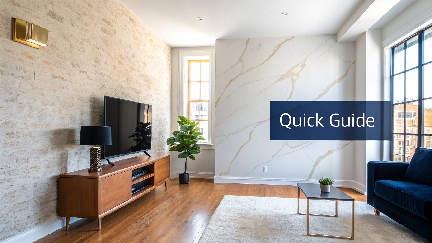A Homeowner'S Guide To Venetian Plaster: Is It Right For Your Toronto Home? A Stylish Living Room Featuring A Brick Accent Wall, Modern Tv Console, Blue Sofa, And A Marble-Veined Wall.