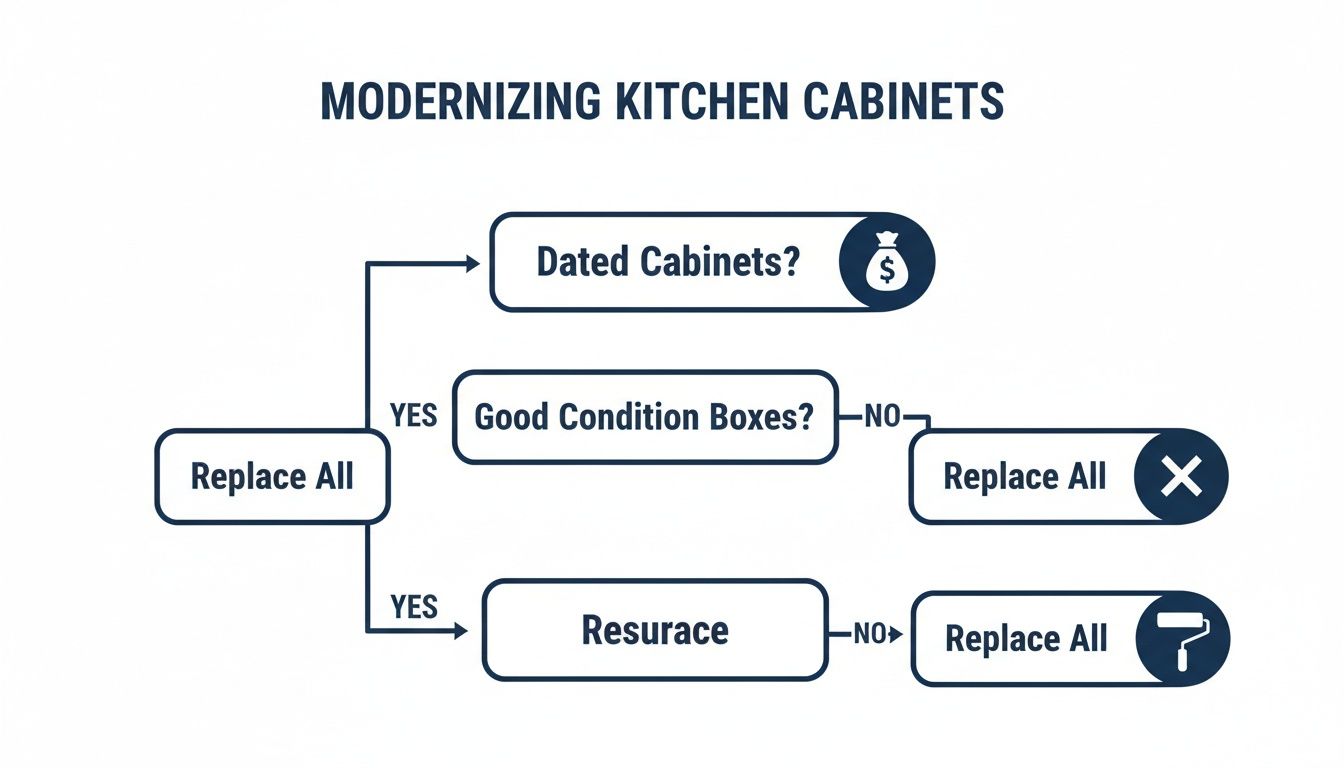 A Toronto Homeowner'S Guide To Resurfacing Kitchen Cabinets Flowchart Illustrating Decisions For Modernizing Kitchen Cabinets: Replace All, Or Resurface Options.