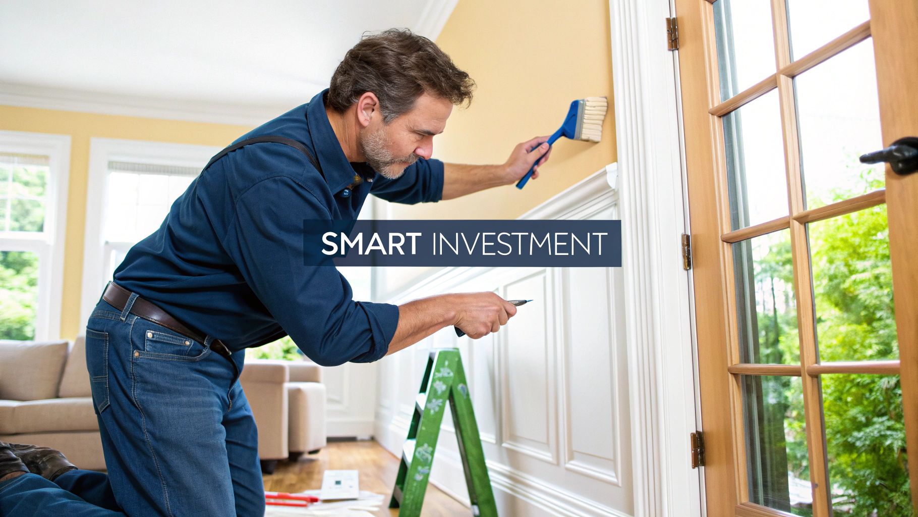 Why Royal Home Painters Is Your Best Choice For A Home Painter In Richmond Hill A Man In A Blue Shirt And Jeans Carefully Paints A Beige Wall, Focusing On Home Improvement.