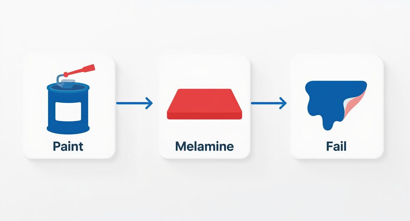 The Ultimate Guide To Paint For Melamine Cabinets Diagram Showing How Painting Melamine Surfaces Leads To Paint Peeling And Failure.