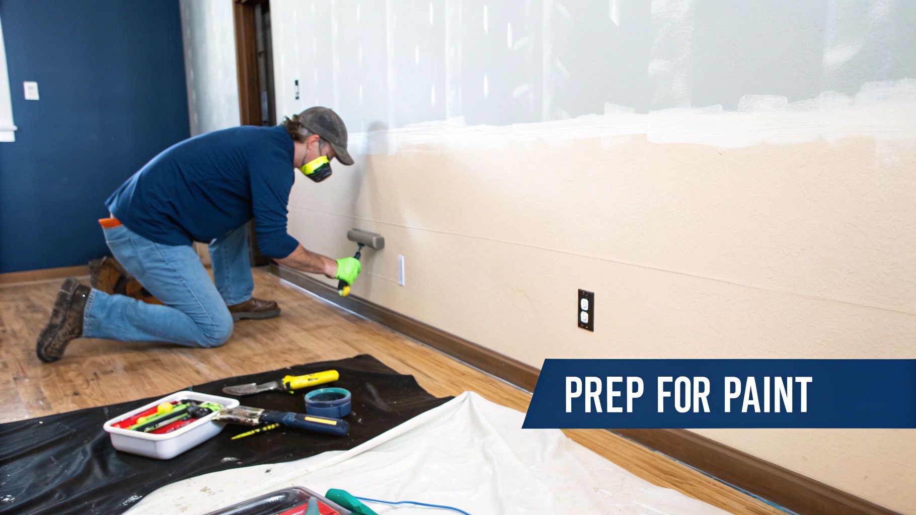 Taking Off Wallpaper: A Diy 2026 Guide For A Smooth Finish A Man Kneels To Paint A Light-Colored Wall With A Roller, Wearing A Mask And Gloves.