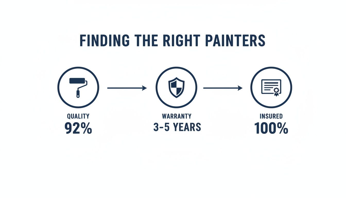 Choosing House Painters In Toronto: An Expert 2026 Guide An Infographic Illustrating Key Criteria For Finding The Right Painters: Quality (92%), Warranty (3-5 Years), And 100% Insured.