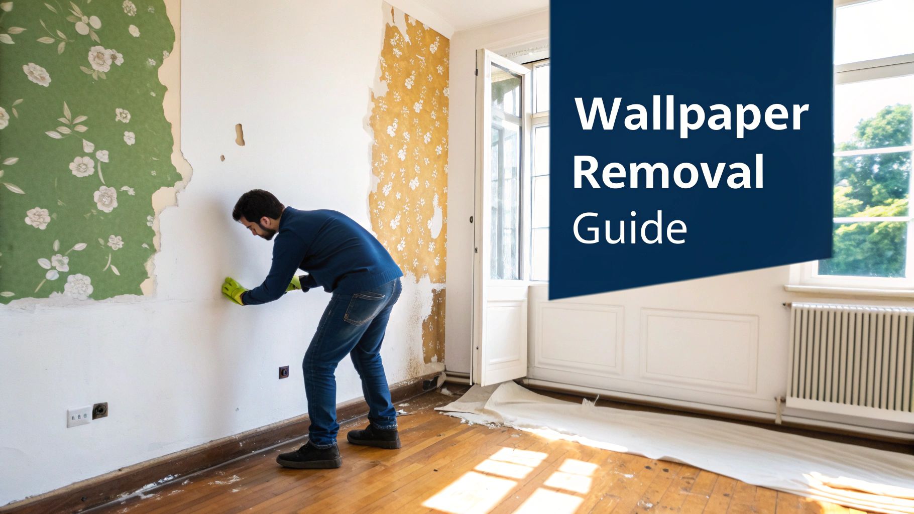 Taking Off Wallpaper: A Diy 2026 Guide For A Smooth Finish Taking Off Wallpaper In Toronto - A Man In A Blue Shirt And Yellow Gloves Scrapes Old Green Floral Wallpaper Off A Wall.